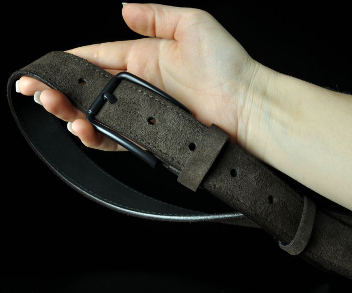 Чоловічий замшевий ремінь Kremen темно-коричневий 3,5 см (класична чорна пряжка)