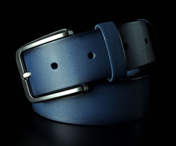 Чоловічий шкіряний ремінь Kremen синій з почорнінням країв 4 см (класична пряжка)