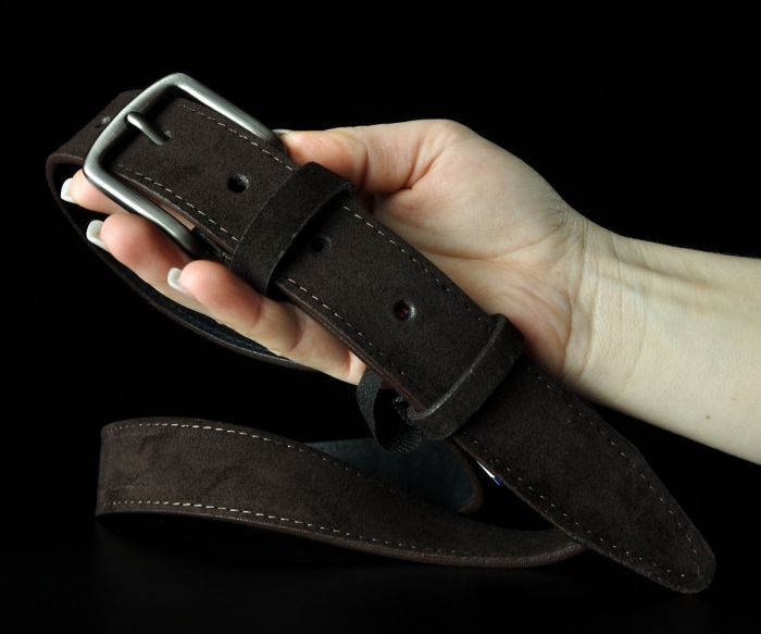 Чоловічий замшевий ремінь Kremen темно-коричневий 3,5 см (класична пряжка)