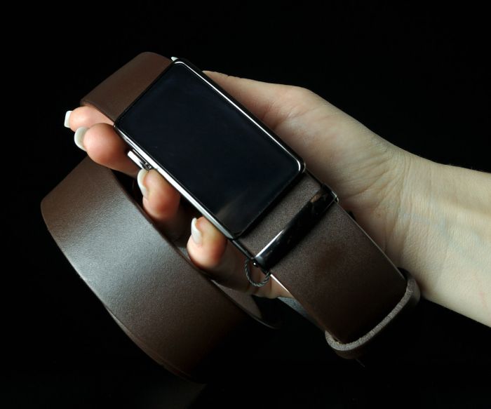 Чоловічий шкіряний ремінь преміум Kremen коричневий 3,7 см — 117 см (чорна глянцева пряжка автомат)