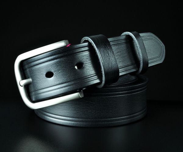 Чоловічий ремінь De Esse чорний з декоративним тисненням по краях (3,8 см)