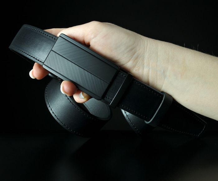 Шкіряний пасок SFIP чорний, пряжка автомат з рифленим візерунком (3,5 см)