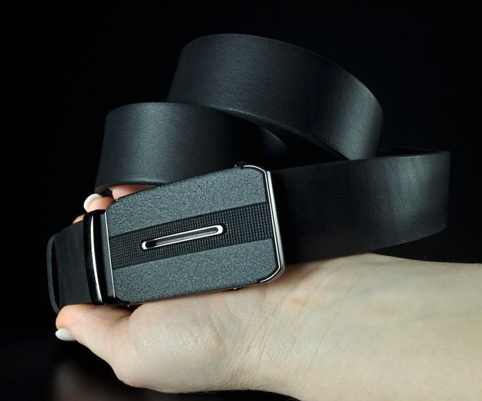 Чоловічий шкіряний ремінь SFIP автомат, гладкий чорний з матовою пряжкою (3,5 см)