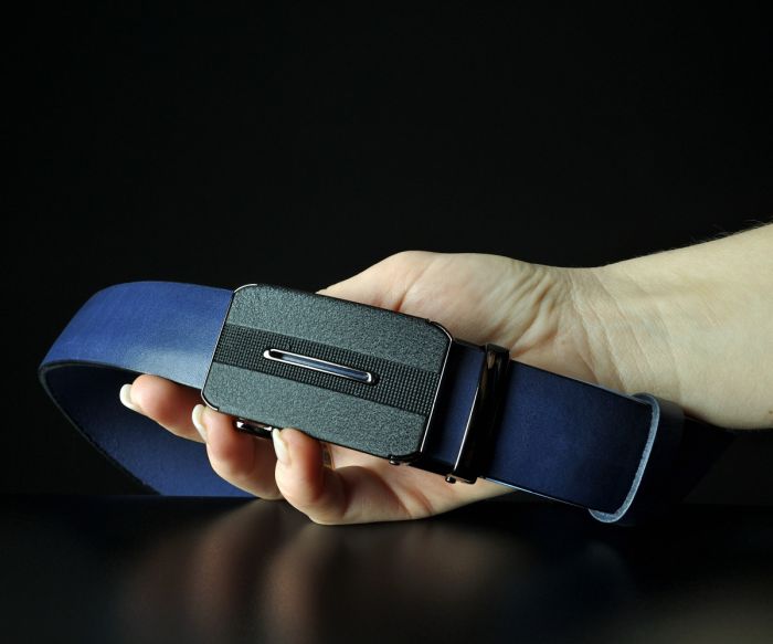 Чоловічий синій ремінь SFIP автомат з гладкої шкіри, пряжка з вишуканою вставкою (3,5 см)