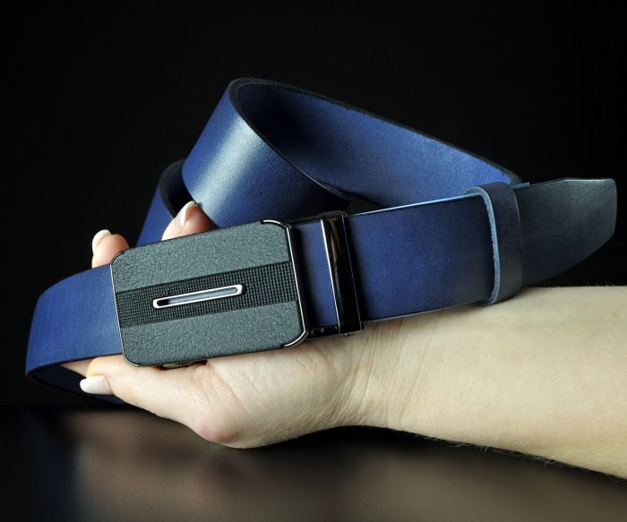 Чоловічий синій ремінь SFIP автомат з гладкої шкіри, пряжка з вишуканою вставкою (3,5 см)