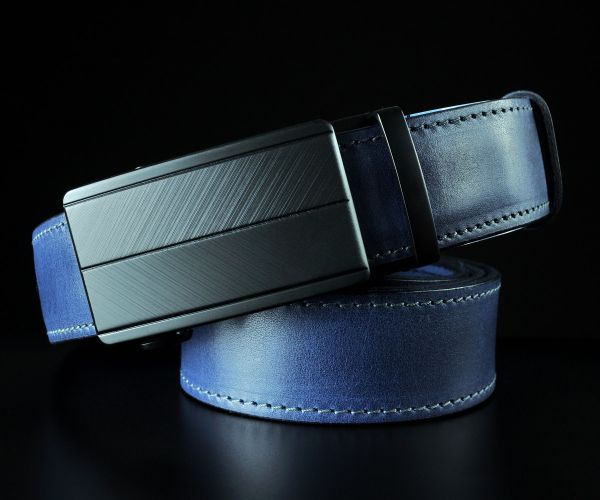 Чоловічий синій ремінь SFIP автомат прошитий, чорна матова пряжка (3,5 см)