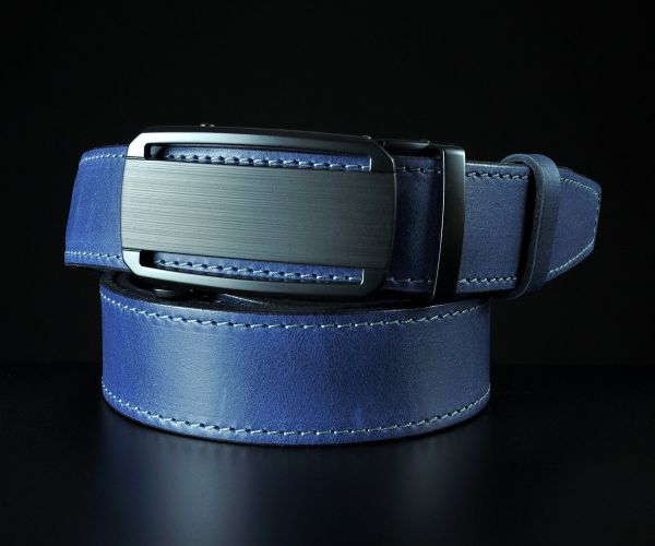 Чоловічий синій ремінь SFIP автомат прошитий, матова пряжка з вирізами (144 см)