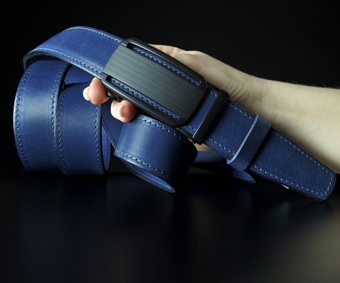 Чоловічий синій ремінь SFIP автомат прошитий, матова пряжка з вирізами (144 см)