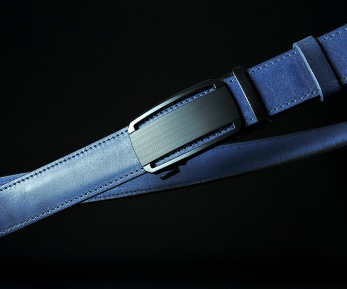 Чоловічий синій ремінь SFIP автомат прошитий, матова пряжка з вирізами (144 см)