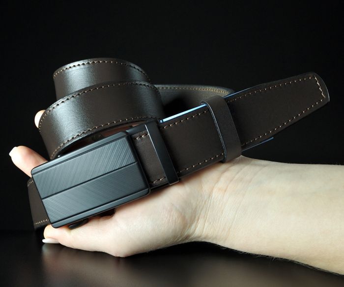 Чоловічий коричневий ремінь SFIP автомат прошитий, чорна матова пряжка (3,5 см)