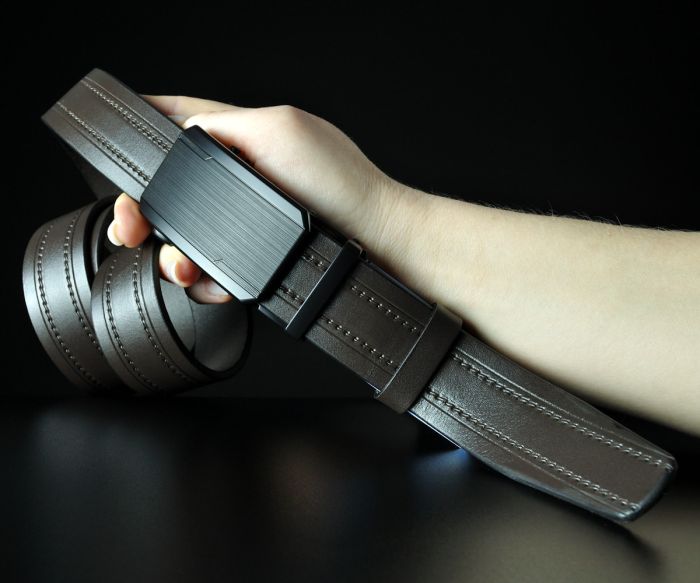 Чоловічий коричневий ремінь SFIP автомат з поздовжнім тисненням та подвійною прошивкою (143 см)