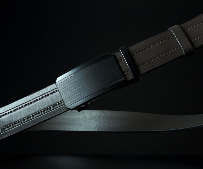 Чоловічий коричневий ремінь SFIP автомат з поздовжнім тисненням та подвійною прошивкою (143 см)