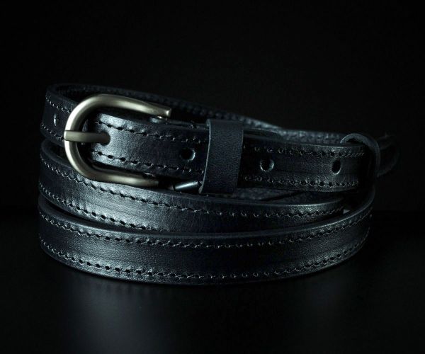 Жіночий шкіряний пасок Sfip чорний, гладкий з прошивкою (1,5 см)